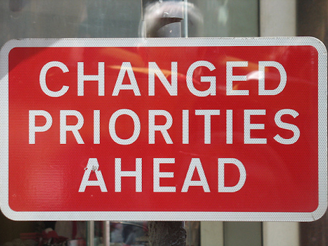 Road sign showing Changed Priorities Ahead